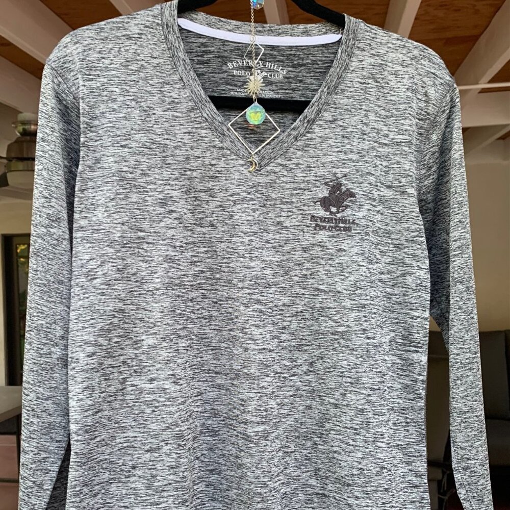 Beverly Hills Polo Club Long Sleeve V-Neck Top - Mixed of Silver, Gray, White